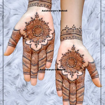 A classic and beautiful mandala design on the palms. The intricate layers and symmetrical pattern create a mesmerizing effect, perfect for any occasion.