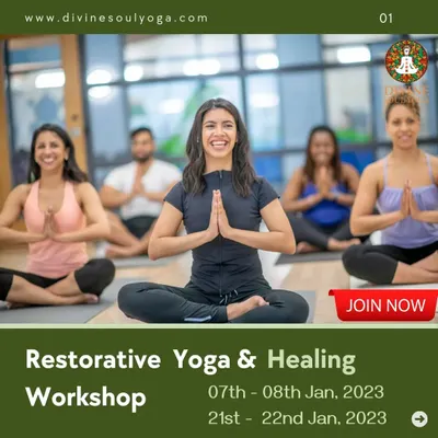 An announcement for our Restorative Yoga and Healing Workshop. These events are perfect for anyone looking to deepen their practice and prioritize their health and wellbeing.