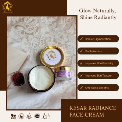 Our Kesar Radiance Face Cream is a wonderful remedy for pigmentation and dullness. Made with real saffron, it helps to revitalize your skin, improve elasticity, and restore a naturally radiant complexion.