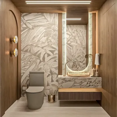 This luxurious powder room combines rich wood paneling with a tropical-print accent wall. A floating marble vanity, backlit mirror, and elegant wall sconces complete the sophisticated look.