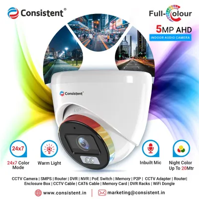 This 5MP AHD Indoor Dome Camera provides high-resolution surveillance with an inbuilt microphone. It features a 24/7 color mode and warm light for clear night color imaging up to 20 meters, making it ideal for monitoring indoor spaces around the clock.