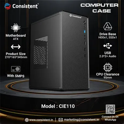 The CIE110 is a compact and professional computer case for ATX motherboards. It features a carbon-fiber-textured front panel, comes with an included SMPS, and provides sufficient clearance for standard components.