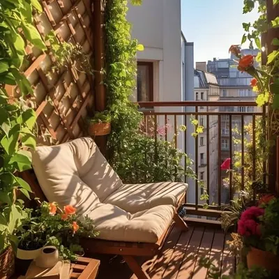 Bathed in sunlight, this balcony feels like a secret garden, with a wooden trellis and frame covered in climbing plants. A comfortable lounge chair is nestled among the greenery, creating the perfect spot to relax and enjoy nature.