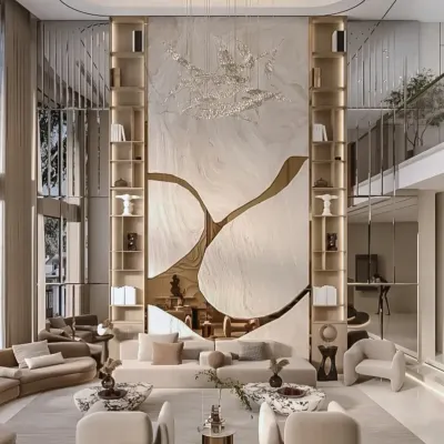 A frontal view of a grand reception area, showcasing the double-height feature wall with artistic gold-tone inlays and flanking built-in shelves. The symmetrical arrangement of sculptural furniture creates a balanced and inviting seating area.