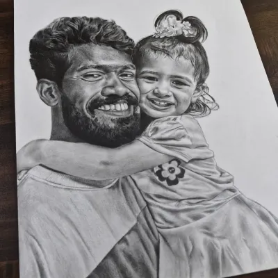 A heartwarming father-daughter portrait, capturing a candid moment of joy. These custom family sketches make for a perfect, personal gift.