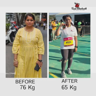 A side by side comparison showing a client's 11 kg weight loss journey, from 76 kg to 65 kg. This visual represents a huge milestone in her path towards a sustainable, fit lifestyle.