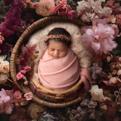 A breathtaking portrait of a baby girl nestled in a basket overflowing with a rich tapestry of flowers. This is a perfect example of a lush, fine art botanical setup.