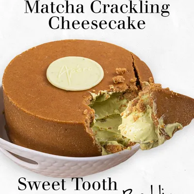 A true sweet tooth baddie. My Matcha Crackling Cheesecake features a creamy matcha filling with a delightful crackling texture, all encased in a delicious crust.