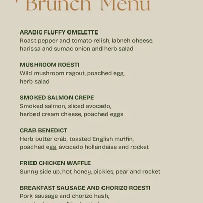 A sample brunch menu, showcasing a variety of our signature egg dishes, savory plates like Fried Chicken Waffle, and Steak and Frites.