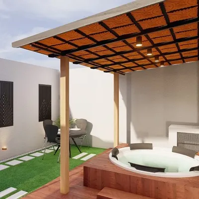 This design shows how a jacuzzi can be beautifully integrated into a rooftop terrace. I built a wooden deck around it and added a pergola, creating a private, resort-like spa experience at home.