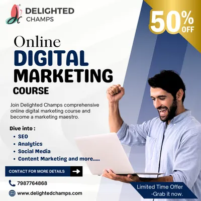 A promotional image for my online digital marketing course, featuring a limited-time discount. The course covers essential topics like SEO, analytics, social media, and content marketing.