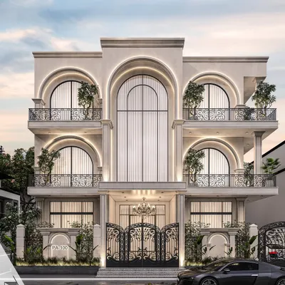 A duplicate of our Faridabad residence render, this design is a perfect example of our neoclassical work. The grand central arch, symmetrical balconies, and ornate gate design come together to create a truly luxurious and classic home.