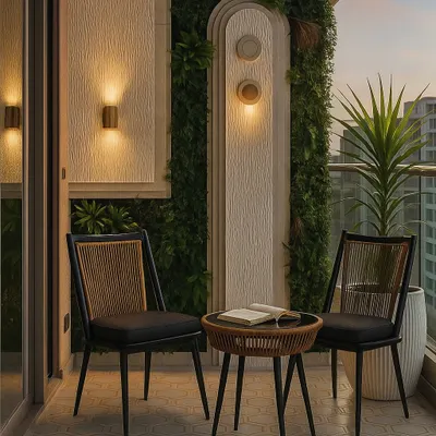 This elegant balcony at Centre Park Resort features a vertical garden and carefully selected lighting. I designed it to be a peaceful evening retreat, with comfortable seating for two.