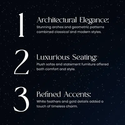 The '40 Shades of Elegance' event was built on three core principles: architectural elegance with modern patterns, luxurious and comfortable seating, and refined accents like white feathers and gold details for a timeless feel.
