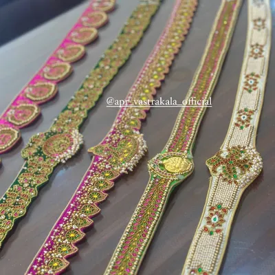 A collection of my custom-embroidered waist belts. Each one is designed with unique motifs and color combinations to match a specific outfit, using techniques like kemp stone work, zardosi, and beadwork.