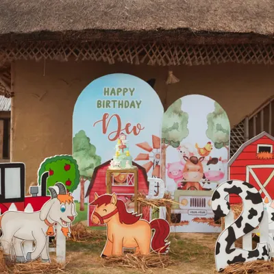 The scene is set for a perfect farm-themed party. We capture the full decor setup, including the colorful backdrops and character cutouts, before the guests arrive.