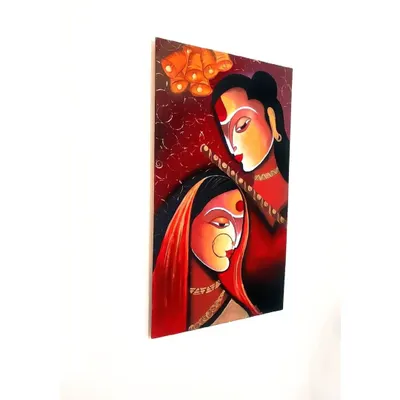 A side view of my modern Radha Krishna painting, showing how the artwork looks on a gallery wall. The warm red and orange tones bring a vibrant energy to any room.