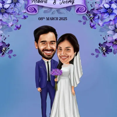 A beautiful wedding caricature featuring the couple's names and wedding date against a floral arch. This style is perfect for a personalized wedding welcome sign or a memorable gift.