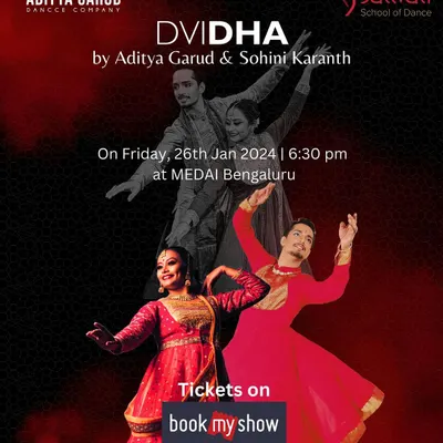 The official poster for "DVIDHA," a collaborative duet with Aditya Garud, exploring the theme of duality through Kathak at MEDAI Bengaluru.