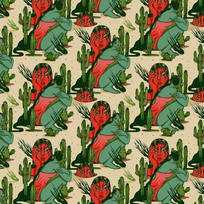 'Emotional Ecosystems: Anger,' a seamless pattern design exploring how our inner emotions can manifest in our outer realities. This pattern uses cacti and annoyed expressions to represent abrasion.