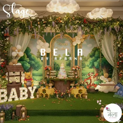 This is the main stage for a Winnie the Pooh party, designed to look like a scene from the Hundred Acre Wood. It features a custom-painted backdrop, character cutouts, a wishing well prop, and illuminated 'BABY' letters for a first birthday.