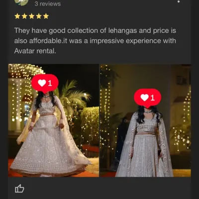 A screenshot of a wonderful 5-star review praising my collection and affordable prices. The client looks stunning in her white embroidered lehenga.