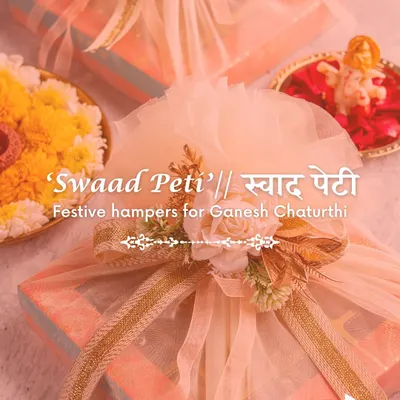 Our 'Swaad Peti' hamper for Ganesh Chaturthi, beautifully wrapped and ready for gifting. The elegant packaging makes it a standout present for the festival.