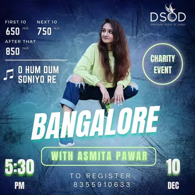 An announcement for a charity workshop with Asmita Pawar. We use our platform to bring the dance community together to support meaningful causes while doing what we love.