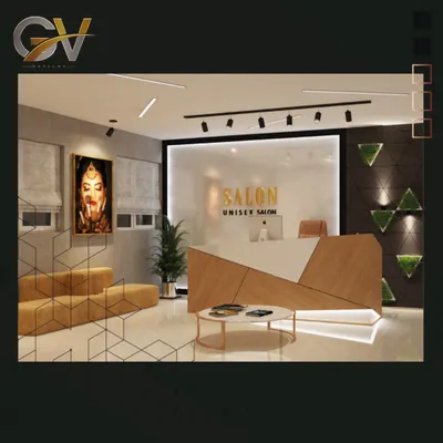 A 3D render of a salon's front desk and waiting lounge. The design balances a professional aesthetic with welcoming elements like warm wood tones, soft seating, and artistic wall decor, setting a sophisticated tone for the entire establishment.