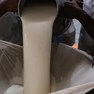 This is where our mozzarella begins. We pour fresh, locally sourced milk into a vat, the first step in our daily cheese-making ritual that ensures unparalleled freshness.