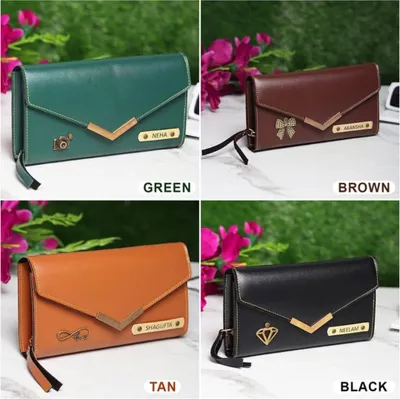Our 3-fold personalized clutches for women are available in four beautiful colors: green, brown, tan, and black. You can customize them with a name and a metal charm like a camera, bow, or diamond.