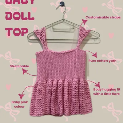 Here are all the details of my Baby Doll Top. It's made from pure cotton yarn, making it stretchable and comfy with a body-hugging fit and a cute little flare. The straps are also customizable for the perfect fit.