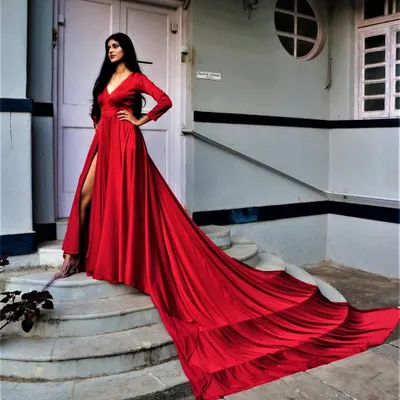 Be the sultry siren in our liquid silk gown. This red gown with a high slit and dramatic trail is perfect for a pre-wedding shoot.