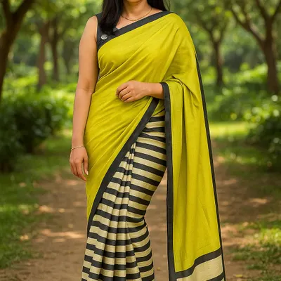 A modern and budget-friendly saree featuring a plain lime-green top half and bold black and white stripes on the bottom. A very chic and contemporary piece for just 1990.