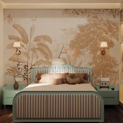 This bedroom is a tranquil retreat, featuring a custom bed and matching side tables in a soothing aqua shade. The nature-inspired wallpaper behind the bed serves as a beautiful focal point, creating a sense of calm and connection to the outdoors.
