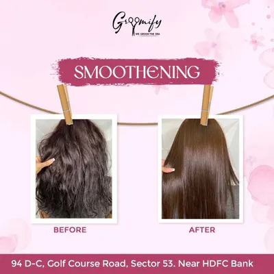 The proof is in the picture. Our hair smoothening treatment delivers a dramatic change, turning frizzy, difficult hair into sleek, straight, and manageable locks.