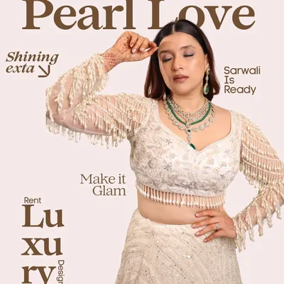 A creative magazine-style edit featuring our "Pearl Love" lehenga. This showcases the glamour and luxury you can rent from my designer collection.