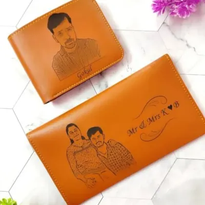 A beautiful way to carry your loved one with you. This set includes a matching men's wallet and women's clutch, both made of faux leather and engraved with custom sketches from your photos.
