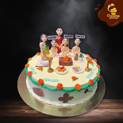 This Havan pooja cake is a great example of my detailed custom work. I sculpted the entire family, the sacred fire, and offerings from fondant to create a cake that was central to their celebration.