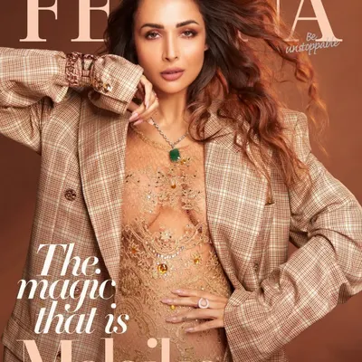 The cover shot for Femina featuring Malaika Arora. We layered a plaid blazer over an embellished lace dress to create a sophisticated yet bold look for the magazine's special showcase.