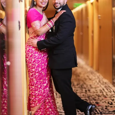 A stylish post-wedding portrait of Aekansh and Taniya. This shot captures their happy and relaxed vibe as a newly married couple.