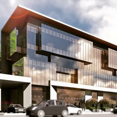 This is our full-view render for the Sherwood Commercial Building concept. The design features a facade composed of projecting and receding glass boxes, creating a dynamic and sculptural form that gives the building a unique identity.