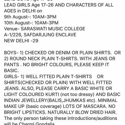 This is a snapshot of a real casting call held at our college by the esteemed Yash Raj Films casting team. We regularly provide our space for major Bollywood productions seeking new talent, offering a professional environment with clear instructions, like the dress code and role requirements seen here, to help actors prepare effectively for their big shot.