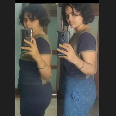 A beautiful before and after from a dedicated student. Her consistency with our online yoga classes led to visible inch loss and improved flexibility.