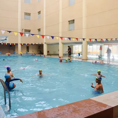 A view of one of our group training sessions in the indoor pool. You can see the spacious setup which allows for multiple drills and skill levels at once.