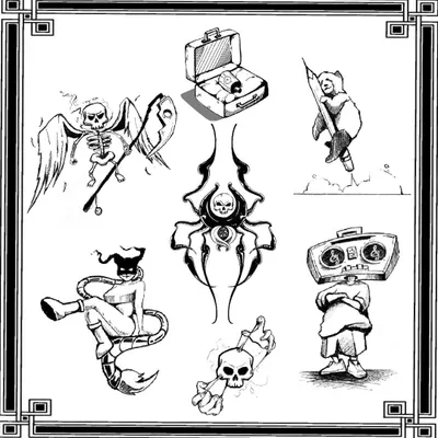 A full flash sheet of my original tattoo designs. From skeletons and boomboxes to weird tribal skulls, these are all up for grabs. Hit me up to get one of these inked.