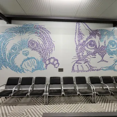 The completed double mural for the Chasing Tails waiting area. We used thousands of small, heart-shaped MDF cutouts in blue and purple to render these friendly cat and dog portraits.