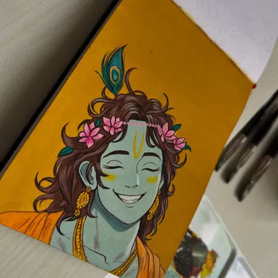That blissful smile of Krishna, captured in a moment of pure joy. This painting is my offering, a small way to connect with the divine through art. The vibrant colors and serene expression are meant to bring a sense of peace.