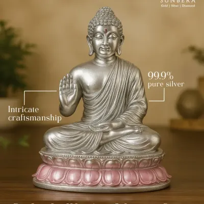 Find your moment of peace with our 99.9% pure silver Buddha idol. The matte finish and intricate craftsmanship in the robes and facial expression make this a perfect piece for worship, decor, or as a thoughtful gift for any spiritual occasion.