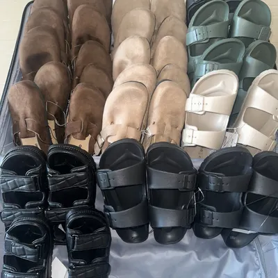 My suitcase packed and ready after a successful shopping trip. I managed to grab many pairs of these popular Birken-inspired sandals for everyone who pre-ordered.